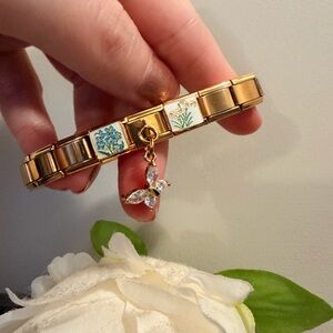 Gold-Tone Italian Charm Bracelet with Floral Links & Crystal Butterfly Dangle